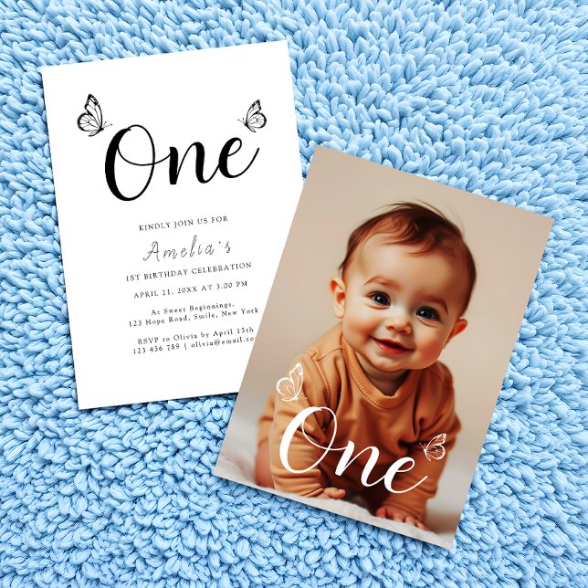 Modern Minimalist butterflies 1st Birthday Photo Invitation (Creator Uploaded)