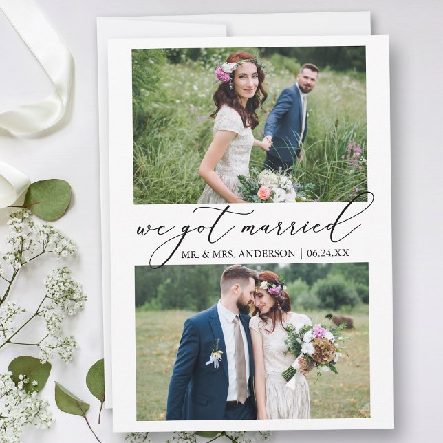 Modern Minimalist Calligraphy 2 Photo Wedding Announcement (Customize to add text or more photos to back of card.)