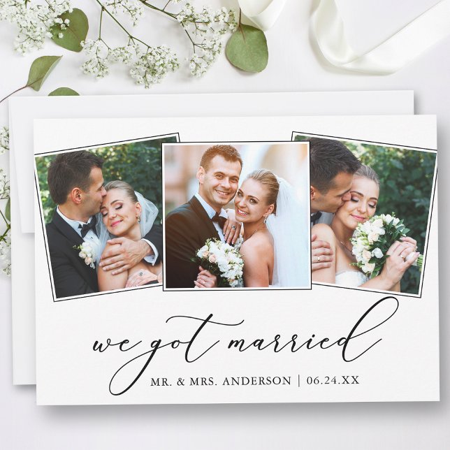 Modern Minimalist Calligraphy 3 Photos Wedding Announcement (Customize to add text or more photos to back of card.)