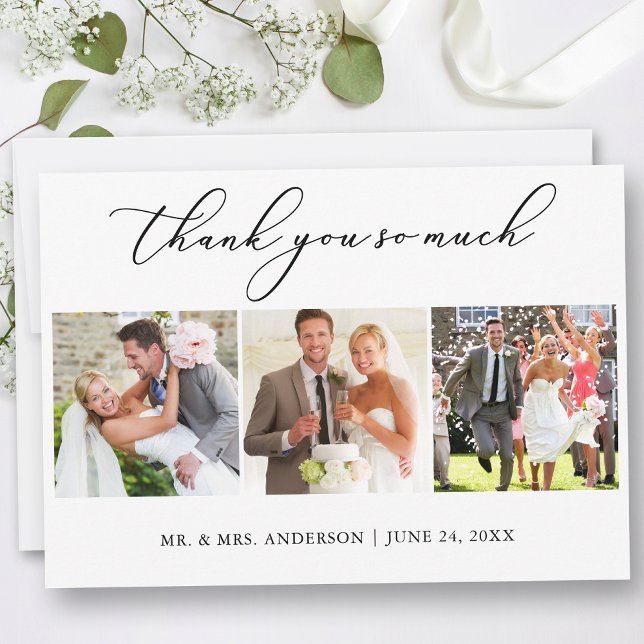 Modern Minimalist Calligraphy 3 Photos Wedding Thank You Card (Customize to change your personalized text size or text style.)