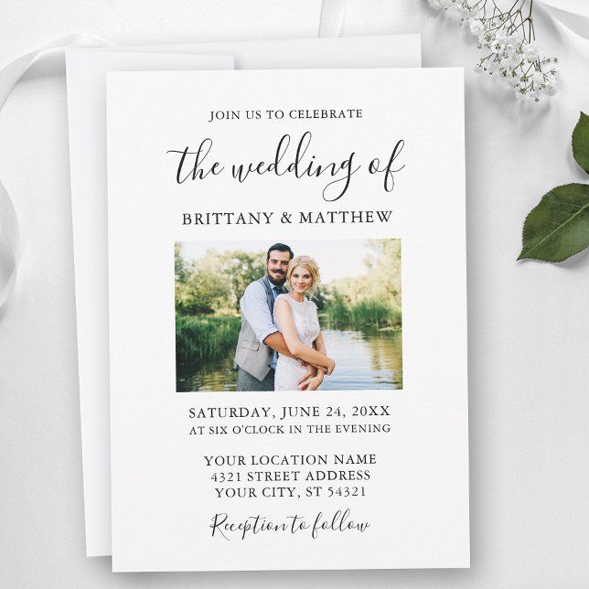 Modern Minimalist Calligraphy Couple Photo Wedding Invitation (Customize to change text size or text style.)