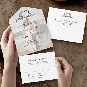 Modern Minimalist Calligraphy Crest monogram Photo All In One Invitation