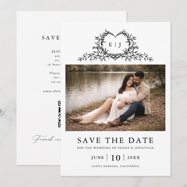 Modern Minimalist Calligraphy Crest monogram Photo Save The Date (Front/Back)