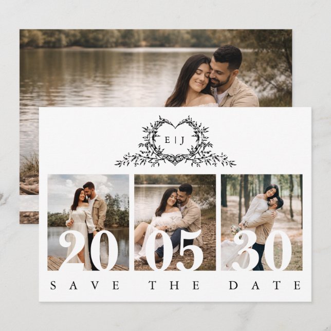 Modern Minimalist Calligraphy Crest monogram Photo Save The Date (Front/Back)