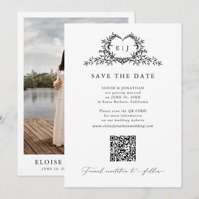 Modern Minimalist Calligraphy Crest monogram Photo Save The Date (Front/Back)