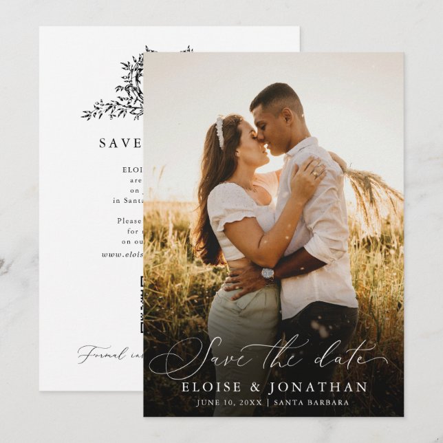 Modern Minimalist Calligraphy Crest monogram Photo Save The Date (Front/Back)