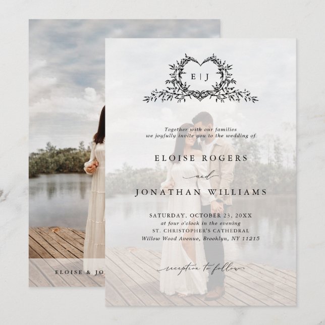Modern Minimalist Calligraphy Crest Photo Wedding Invitation (Front/Back)