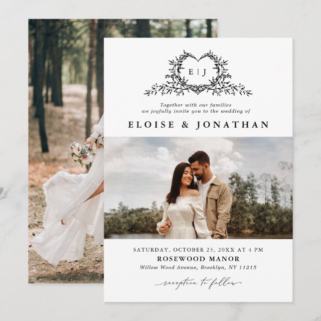Modern Minimalist Calligraphy Crest Photo Wedding Invitation (Front/Back)