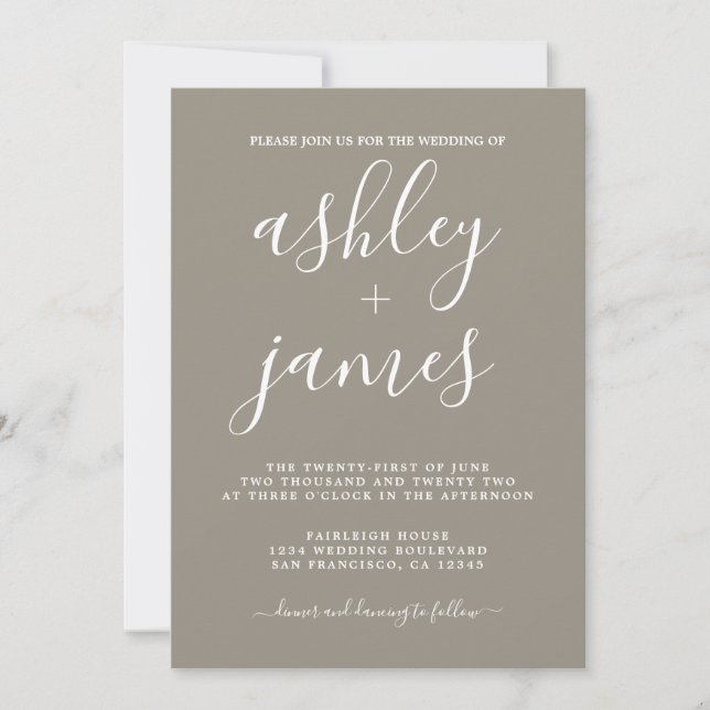 Modern Minimalist Calligraphy Grey Wedding Invitation (Front)