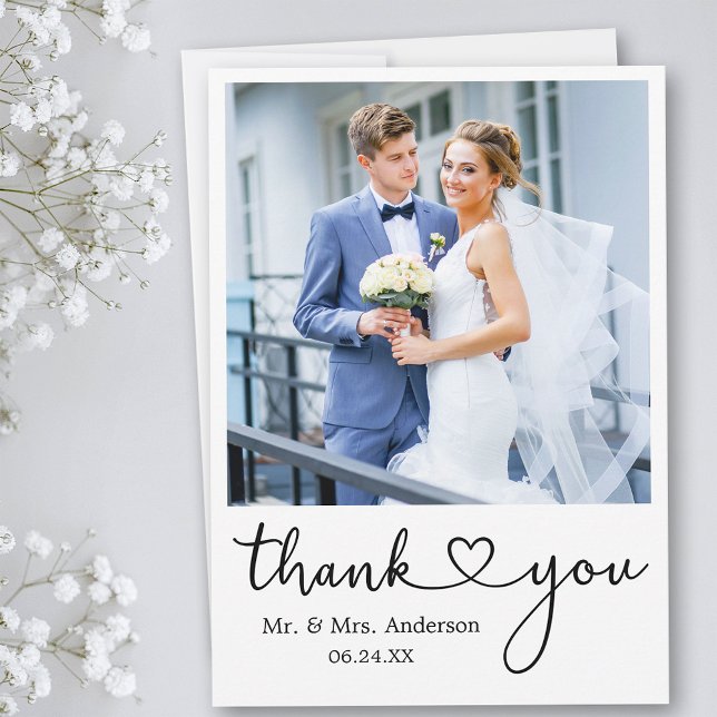 Modern Minimalist Calligraphy Heart Wedding Photo Thank You Card (Customize to add text or more photos to back of card.)