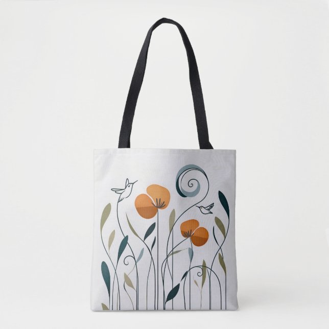 Modern minimalist calligraphy hummingbirds flowers tote bag (Front)