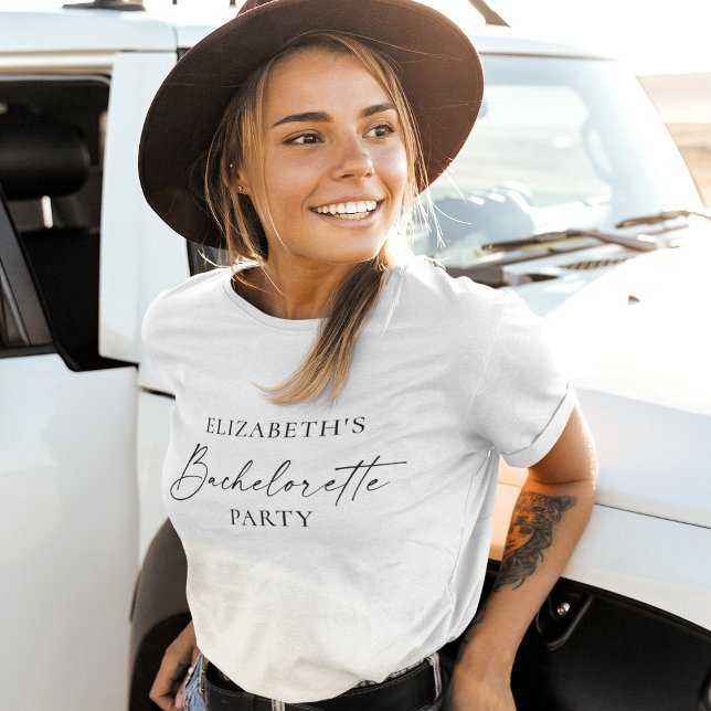Modern Minimalist Calligraphy Ink Bachelorette T-Shirt (Customize to change your personalized text size or text style. Many colors of shirts to choose from.)