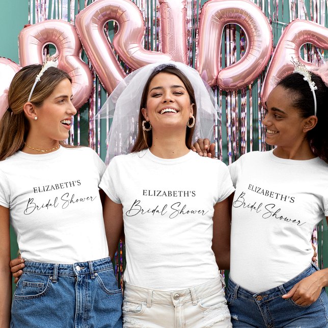 Modern Minimalist Calligraphy Ink Bridal Shower T-Shirt (Customize to change your personalized text size or text style. Many colors of shirts to choose from.)