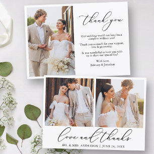 Modern Minimalist Calligraphy Love 3 Photo Wedding Thank You Card