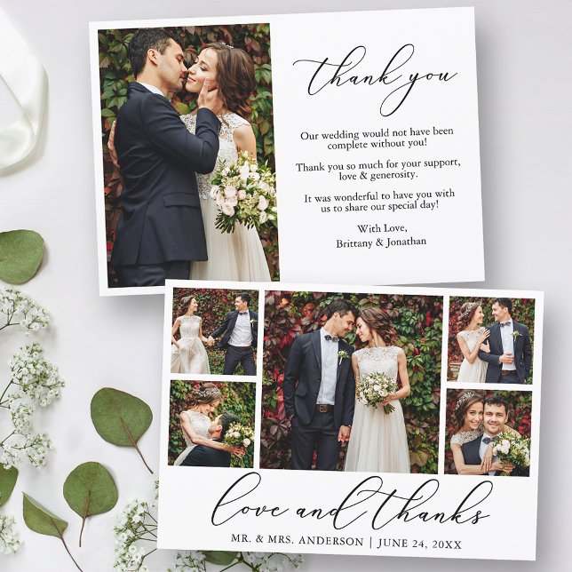 Modern Minimalist Calligraphy Love 6 Photo Wedding Thank You Card (Customize to change your personalized text style, size or color.)