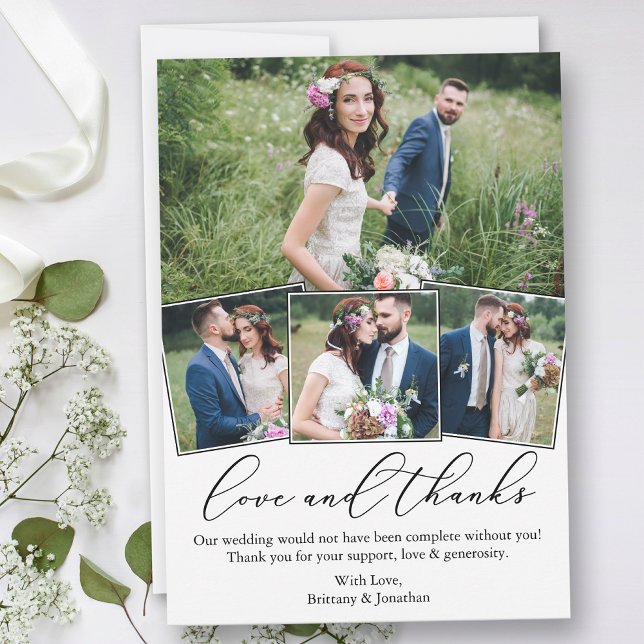 Modern Minimalist Calligraphy Love Wedding 4 Photo Thank You Card (Customize to add text or more photos to back of card.)