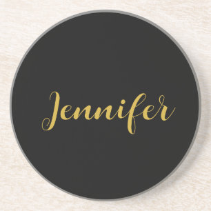 Modern Minimalist Calligraphy Name Black Gold Coaster