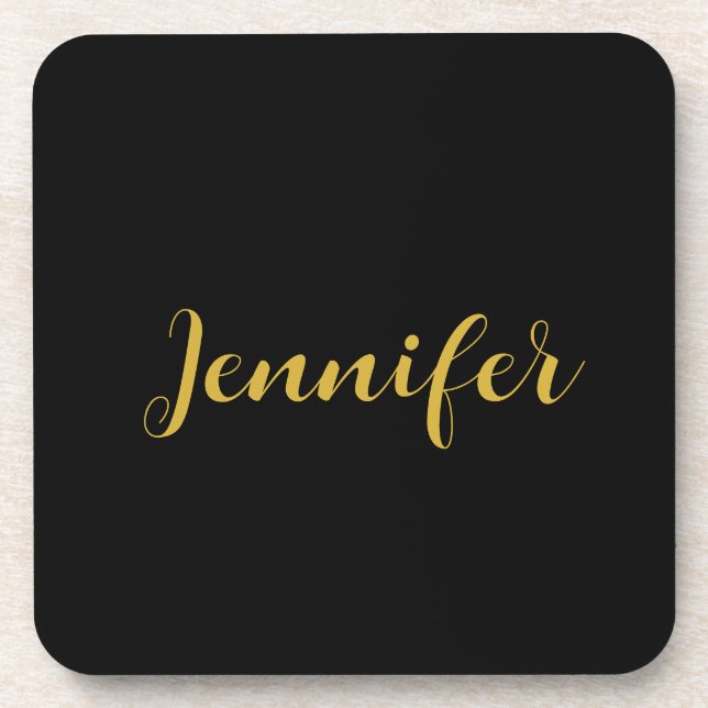 Modern Minimalist Calligraphy Name Black Gold Coaster (Front)