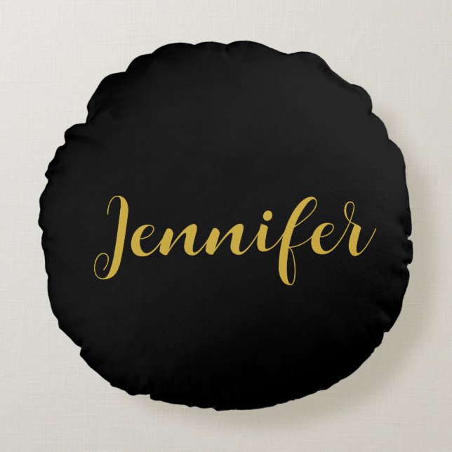 Modern Minimalist Calligraphy Name Black Gold Round Cushion (Front)