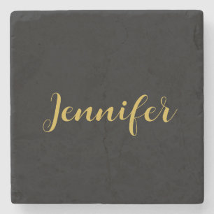 Modern Minimalist Calligraphy Name Black Gold Stone Coaster