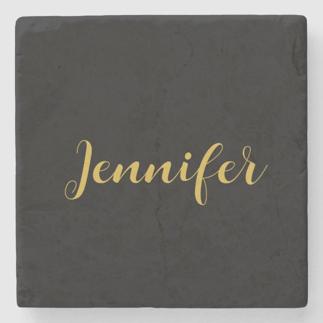 Modern Minimalist Calligraphy Name Black Gold Stone Coaster (Front)