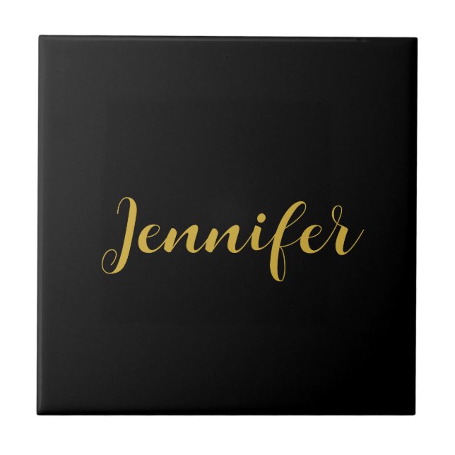 Modern Minimalist Calligraphy Name Black Gold Tile (Front)