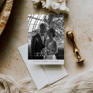 Modern Minimalist Calligraphy Photo Wedding Thank You Card