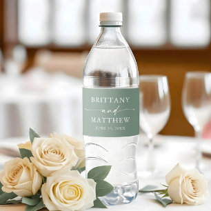 Modern Minimalist Calligraphy Sage Green Wedding Water Bottle Label