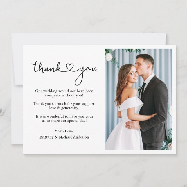 Modern Minimalist Calligraphy Script Wedding Heart Thank You Card (Front)