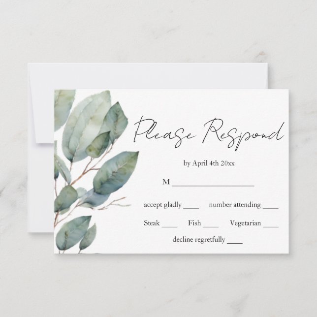 Modern minimalist calligraphy watercolor greenery RSVP card (Front)