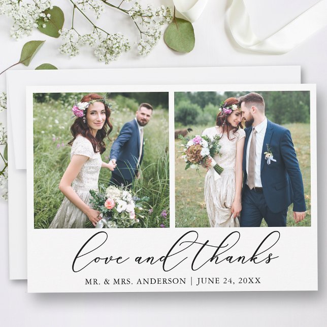 Modern Minimalist Calligraphy Wedding 2 Photo Love Thank You Card (Customize to add text or more photos to back of card.)