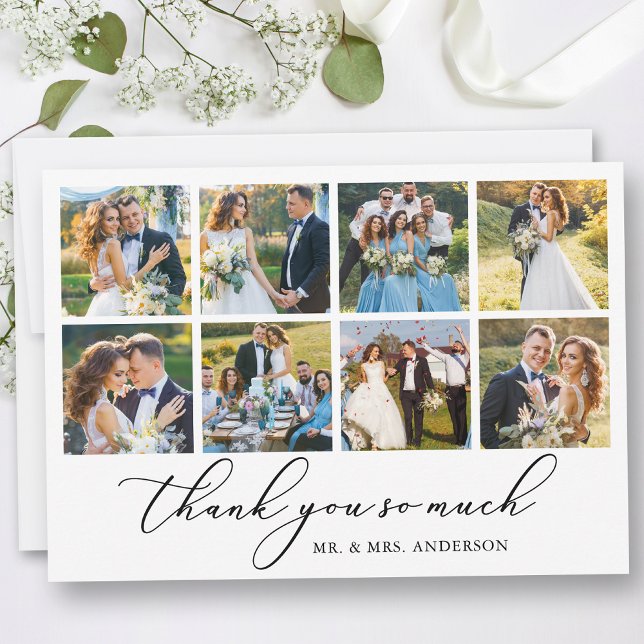 Modern Minimalist Calligraphy Wedding 8 Photos Thank You Card (Customize to add text or more photos to back of card.)