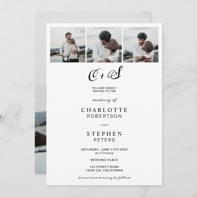 Modern minimalist casual initials 4 photos wedding invitation (Front/Back)