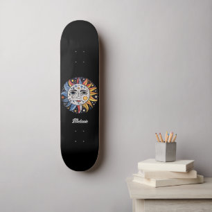 Modern Minimalist Celestial Sun Moon Monogram Skateboard