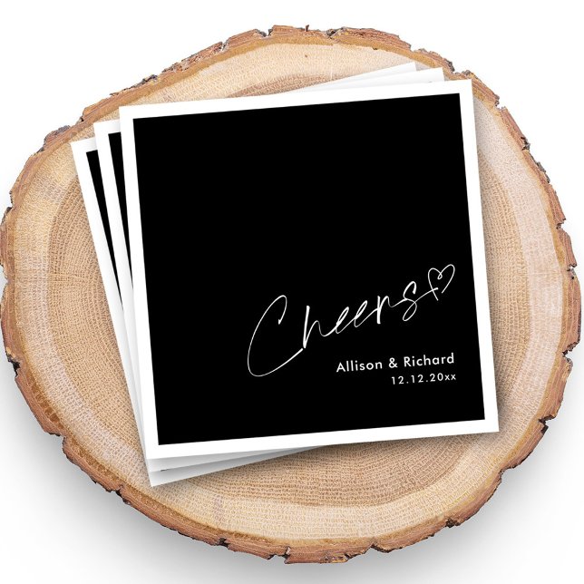Modern Minimalist Cheers! Black Wedding Napkins (Personalized modern and minimalist cheers wedding napkins with your names and date)