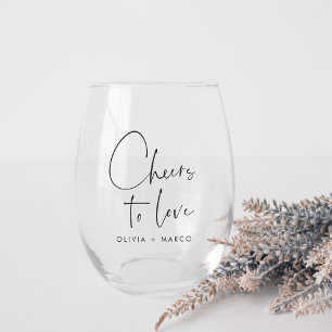 Modern Minimalist Cheers to Love Wedding Favour Stemless Wine Glass
