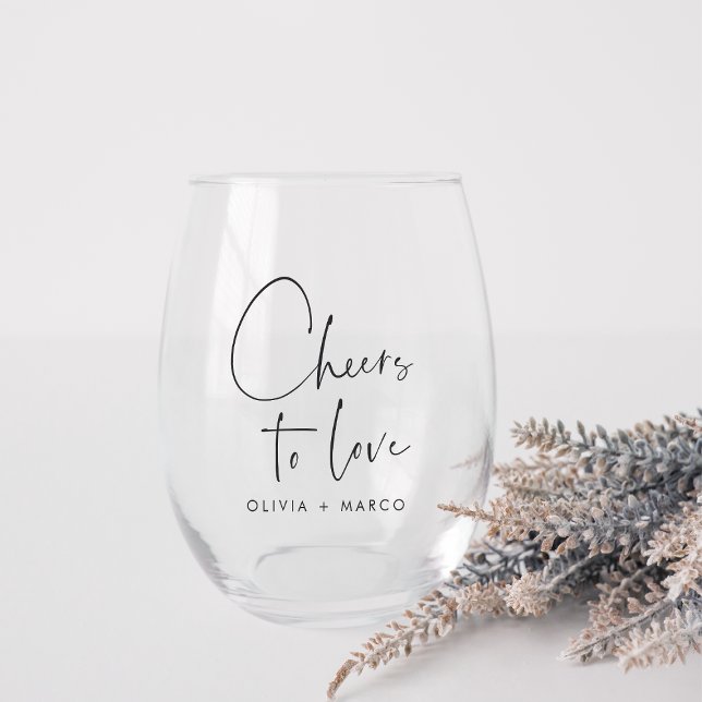 Modern Minimalist Cheers to Love Wedding Favour Stemless Wine Glass (Creator Uploaded)