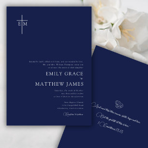 Modern Minimalist Christian Monogrammed Cross Navy Invitation