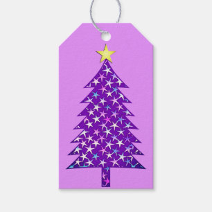 Modern Minimalist Christmas Tree in Purple Stars Gift Tags