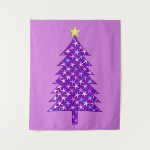 Modern Minimalist Christmas Tree in Purple Stars Tapestry