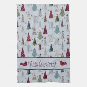 Modern Minimalist Christmas Tree Pattern Blue Red Tea Towel