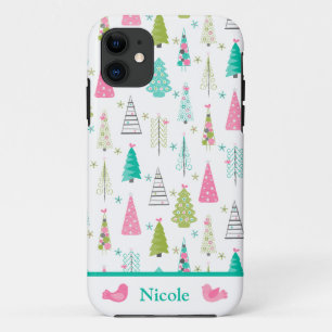 Modern Minimalist Christmas Tree Pattern Pink Teal Case-Mate iPhone Case
