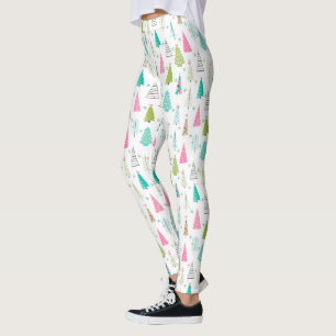 Modern Minimalist Christmas Tree Pattern Pink Teal Leggings