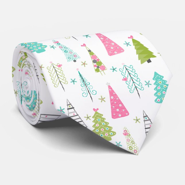 Modern Minimalist Christmas Tree Pattern Pink Teal Tie (Rolled)