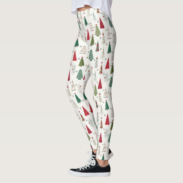 Modern Minimalist Christmas Tree Pattern Red Green Leggings (Left)