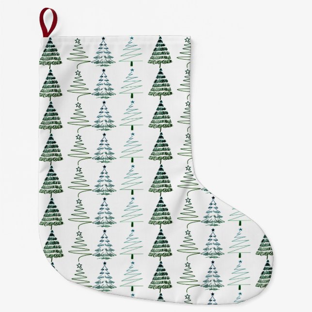 Modern Minimalist Christmas Trees Doodles Large Christmas Stocking (Front)