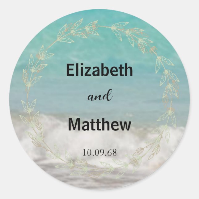 Modern Minimalist classic overlay Beach wedding Round Sticker (Front)