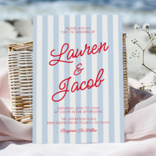 Modern Minimalist Coastal Red Blue Stripes Wedding Invitation