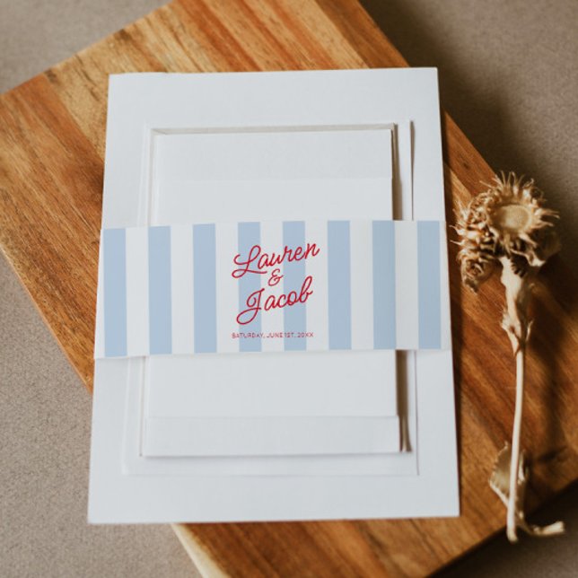 Modern Minimalist Coastal Red Blue Stripes Wedding Invitation Belly Band (Creator Uploaded)