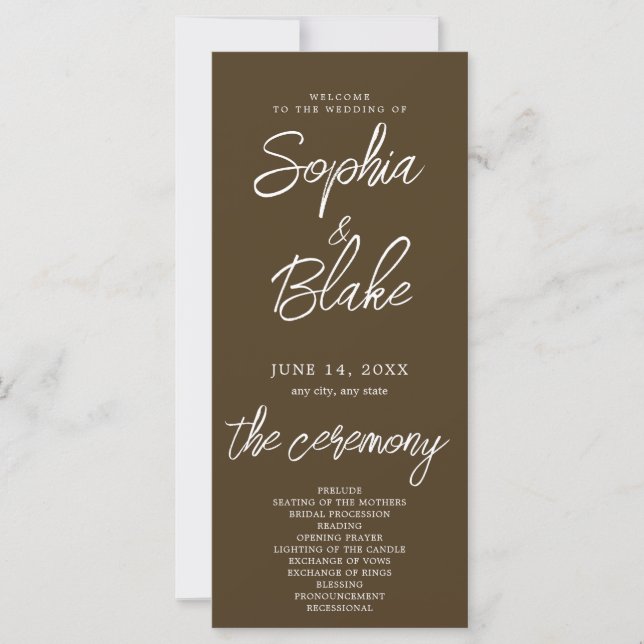 Modern Minimalist Coffee Brown Wedding Program (Front)